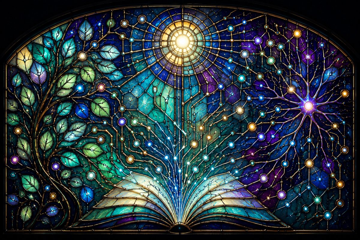 Abstract stained-glass circuitry window with leaves, luminous nodes, and an open book shape glowing beneath a central light.
